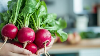 Poster - Fresh and Vibrant Radishes with Greens Being Held in Hands in a Bright Kitchen : Generative AI