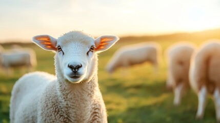 Poster - A curious sheep looking directly at the camera with a pastoral background during sunset : Generative AI