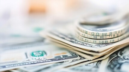 Aufkleber - stacks of u.s. dollar bills and coins arranged in a business setting : generative ai