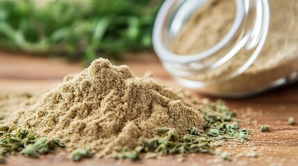 Aufkleber - Close up of aromatic dried herbs and spices spilling from a glass jar on a wooden table : Generative AI