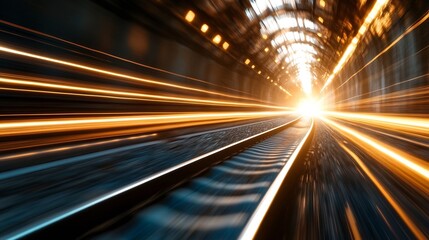 Poster - Motion blurred image of light streaks rushing through a dark tunnel on a railway : Generative AI