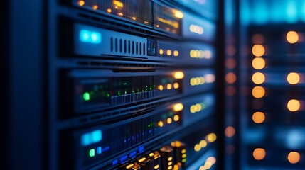 Poster - Close Up of Modern Data Center Server Rack with Colorful LED Lights Display : Generative AI