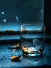 Aufkleber - Beautifully Lit Broken Glass with Fragments on a Dark Surface Capturing Light Effects : Generative AI