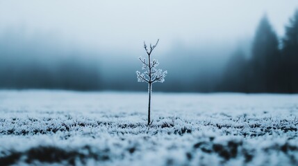 Fototapete - Lone Frosty Tree Standing in a Misty Winter Landscape Surrounded by White Snow : Generative AI