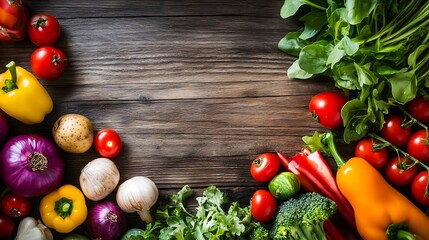 Poster - Colorful assortment of fresh vegetables including tomatoes bell peppers and greens on wooden table : Generative AI