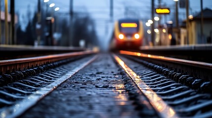 Poster - CloseUp of Train Tracks Leading Into a Foggy Station at Dusk : Generative AI