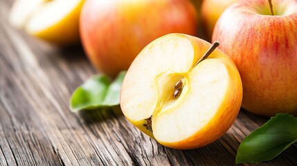 Poster - Freshly picked juicy apples sliced on rustic wooden table with leaves highlighting natural elegance : Generative AI