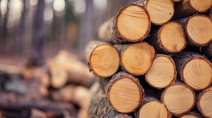 Aufkleber - Closeup of Neatly Stacked Logs in a Serene Forest Setting Highlighting Natural Wood Textures : Generative AI