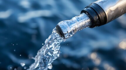Aufkleber - Dynamic closeup of water flowing from a bottle against a blurred backdrop of rippling water : Generative AI