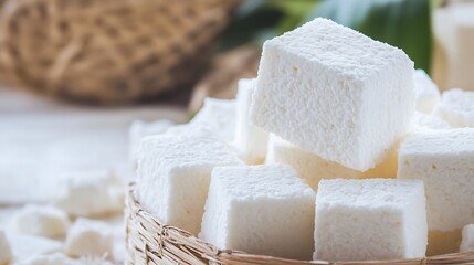 Poster - Pure White Sugar Cubes Arranged Neatly in a Natural Basket on a Rustic Wooden Table : Generative AI