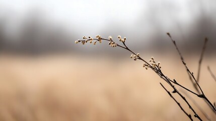 Poster - Delicate branch with blooming buds set against a soft blurred background creating a tranquil atmosphere : Generative AI