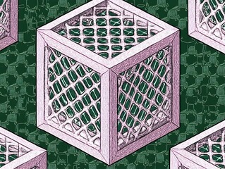 Aufkleber - Isometric Wooden Cube Lattice Pattern on a Textured Green Background