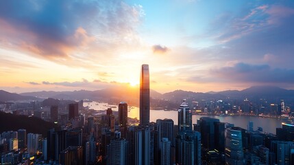 Poster - Breathtaking aerial view of city at dusk with stunning skyline and river reflections : Generative AI