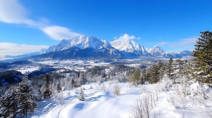 Aufkleber - Breathtaking winter landscape with majestic mountains and trees blanketed in snow : Generative AI