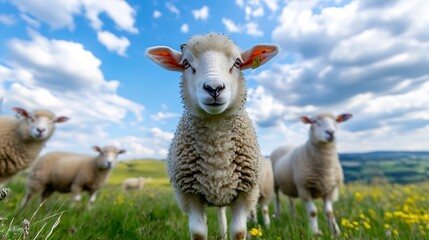 Poster - Cute Sheep Grazing in a Beautiful Green Meadow Under a Bright Blue Sky with Fluffy Clouds : Generative AI