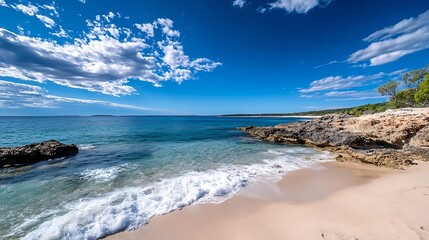 Poster - Idyllic beach scene with clear blue water and gentle waves under a bright sunny sky : Generative AI