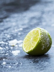Aufkleber - Vibrantly fresh lime split into halves with a sprinkle of salt over a bluegrey background : Generative AI