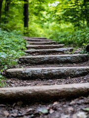 Poster - Scenic view of natural stone steps winding through lush green foliage in a forest : Generative AI