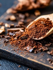 Poster - A wooden spoon filled with rich cocoa powder resting on a dark wooden surface presenting a culinary delight : Generative AI