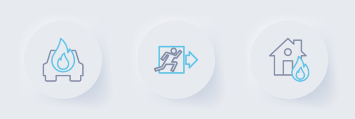 Poster - set line fire in burning house, exit and burning car icon. vector