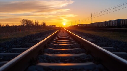 Poster - Railway tracks stretching into the horizon during sunset creating a breathtaking view of the landscape : Generative AI