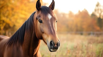 Poster - Majestic brown horse standing gracefully in a golden autumn field with blurred trees in the background : Generative AI