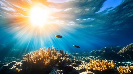Poster - Vibrant underwater scene with sunlight penetrating the ocean surface illuminating coral reefs and marine life : Generative AI