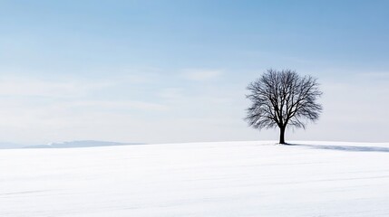 Poster - Isolated Tree on Snowy Landscape Under Clear Blue Sky Illustrating Winter's Beauty : Generative AI