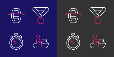 Poster - Set line Jet ski, Stopwatch, Medal and Boat with oars icon. Vector