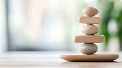 Aufkleber - Delicate wooden stones carefully balanced in a natural light setting conveying peace and stability : Generative AI