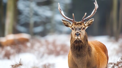 Poster - Majestic closeup of a proud deer showcasing its antlers in a snowy forest environment : Generative AI