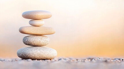 Leinwandbilder - Five smooth stones stacked neatly on each other against a soft blurred background of nature : Generative AI