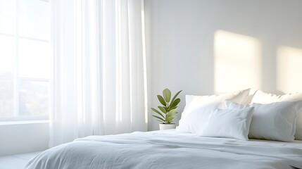 Leinwandbilder - Bright and airy bedroom interior with sunny windows and serene plant accents for a minimalist vibe : Generative AI