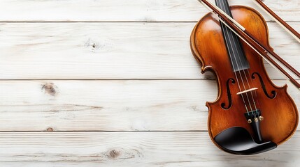 Poster - Closeup view of a wooden violin with bow resting on a rustic wooden background : Generative AI