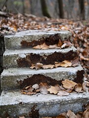Aufkleber - Weathered concrete steps covered with fallen leaves showcasing the beauty of nature's decay : Generative AI