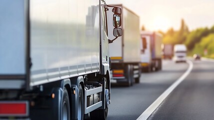 Poster - Heavy Trucks Driving on a Highway with Vibrant Green Forest on the Side : Generative AI