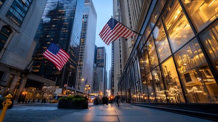 Aufkleber - Vibrant city scene featuring American flags and elegant shop fronts illuminated at dusk : Generative AI