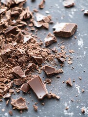 Poster - Crumbled pieces of chocolate on a black surface showcasing texture and the rich flavor of gourmet sweets : Generative AI