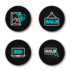 Poster - Set line Price tag with Sale, Online auction, and Auction painting icon. Vector