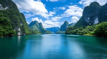 Poster - Serene lake surrounded by lush green mountains and clear blue sky highlighting nature's beauty : Generative AI
