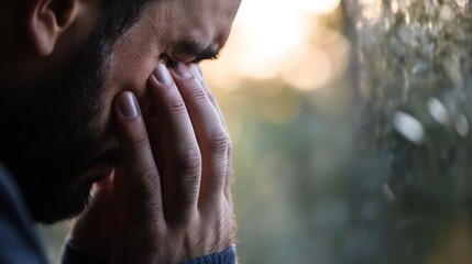 Aufkleber - Reflective Moment of a Man Experiencing Sadness While Looking Out the Window with a Soft Focus Background : Generative AI