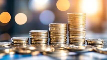 Leinwandbilder - Stacks of coins arranged in columns showcasing financial growth and investment wealth accumulation : Generative AI