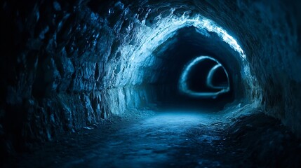 Poster - mysterious underground tunnel with ethereal blue light lighting the path : generative ai