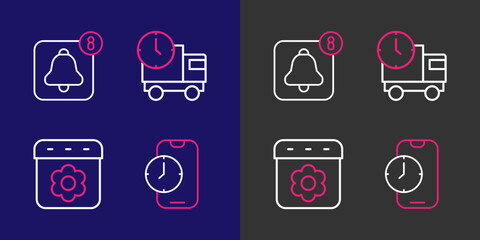 Poster - Set line Alarm clock app mobile, Calendar spring, Delivery truck and time and icon. Vector