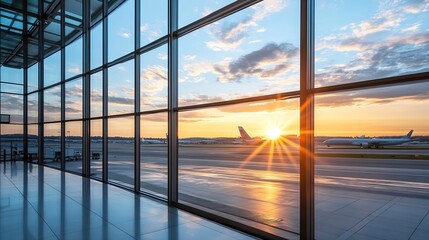 Aufkleber - Airport terminal view showcasing sunset over runways with planes parked at the gate : Generative AI