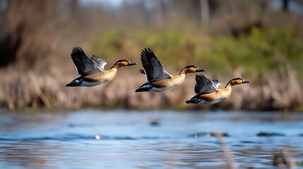 Aufkleber - A fascinating moment captured of ducks flying gracefully over a calm tranquil lake : Generative AI