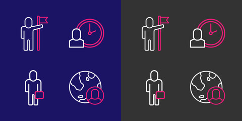 Poster - set line globe and people, businessman, work time and man holding flag icon. vector