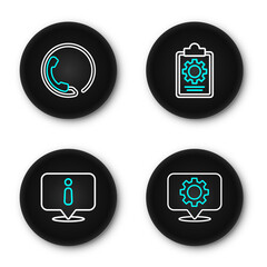 Poster - Set line Location with gear, Information, Checklist 24 hours service and Telephone support icon. Vector