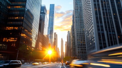 Poster - Cityscape View of Skyscrapers at Sunset with a Beautiful Skyline and Busy Streets Filled with Vehicles : Generative AI