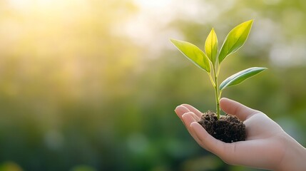Poster - Hands Holding a Small Green Plant in Soil Symbolizing Nature and Environmental Care : Generative AI